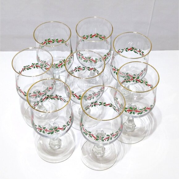 Libbey Holiday Christmas Wine Glasses w/ Gold Trim Holly Berry Design Set of 8 - Picture 3 of 15